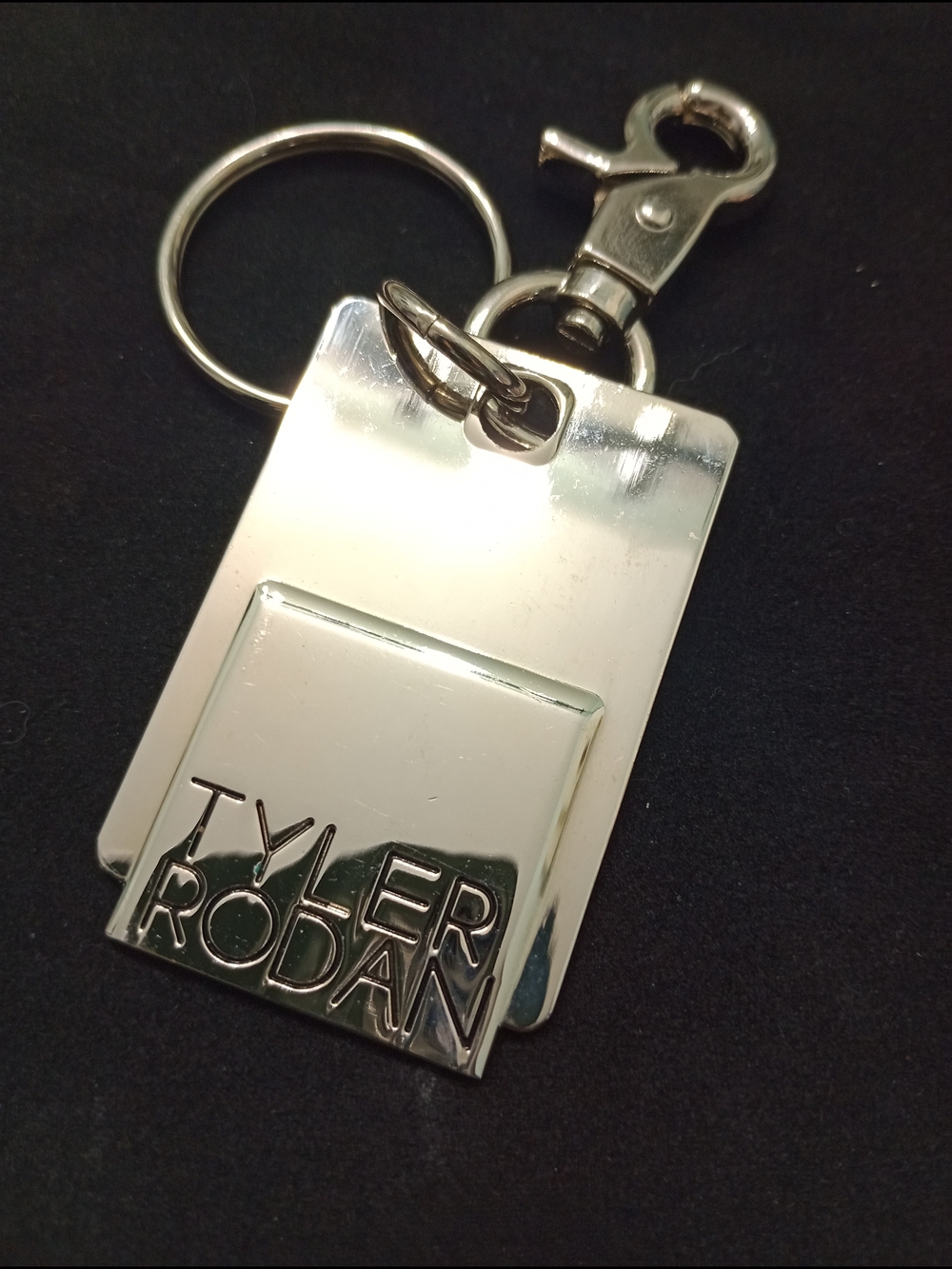 Tyler Rodan Polished Silver Rectangular Logo Keyring